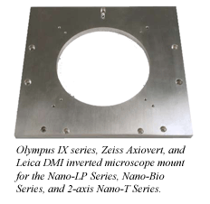 adapter plate for nanopositioner and Olympus IX, Zeiss Axiovert, and Leica DMI inverted microscopes